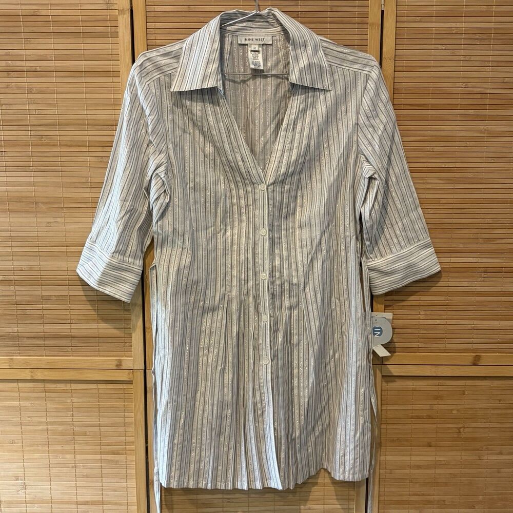 Women’s Gray White Striped Button-Front Belted Shirt Dress 10 3/4 sleeve